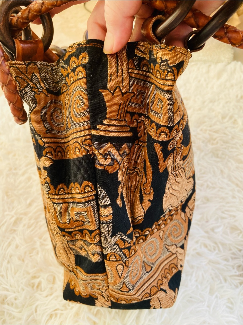 Etruscos Italy Mythology Tapestry Shoulder Bag Braided Leather Wood Rings Boho - Picture 10 of 11